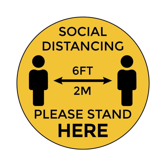 Social Distancing Floor Decals - Yellow Stand Here Design - 12" Circle - Indoor/Outdoor - Permanent Pressure-Sensitive Vinyl - Online Labels (Pack of 10)