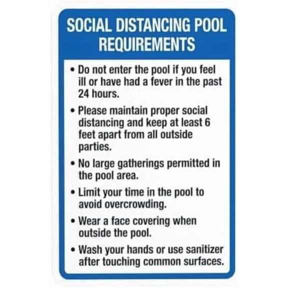 Social Distancing Pool Requirements Warning Sign, Pool Security Metal Plaque For Business Home Outdoor Indoor Road Yard Garage, Pool Health Sign, 8x12 Inch