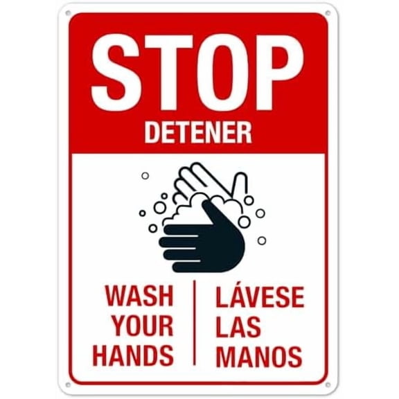 Social Distancing Sign, Stop Wash Your Hands Sign, Bilingual Signs Metal Sign NO.28990 Metal Tin Sign 8x12 Inch - Clear Warning for Home & Business Use
