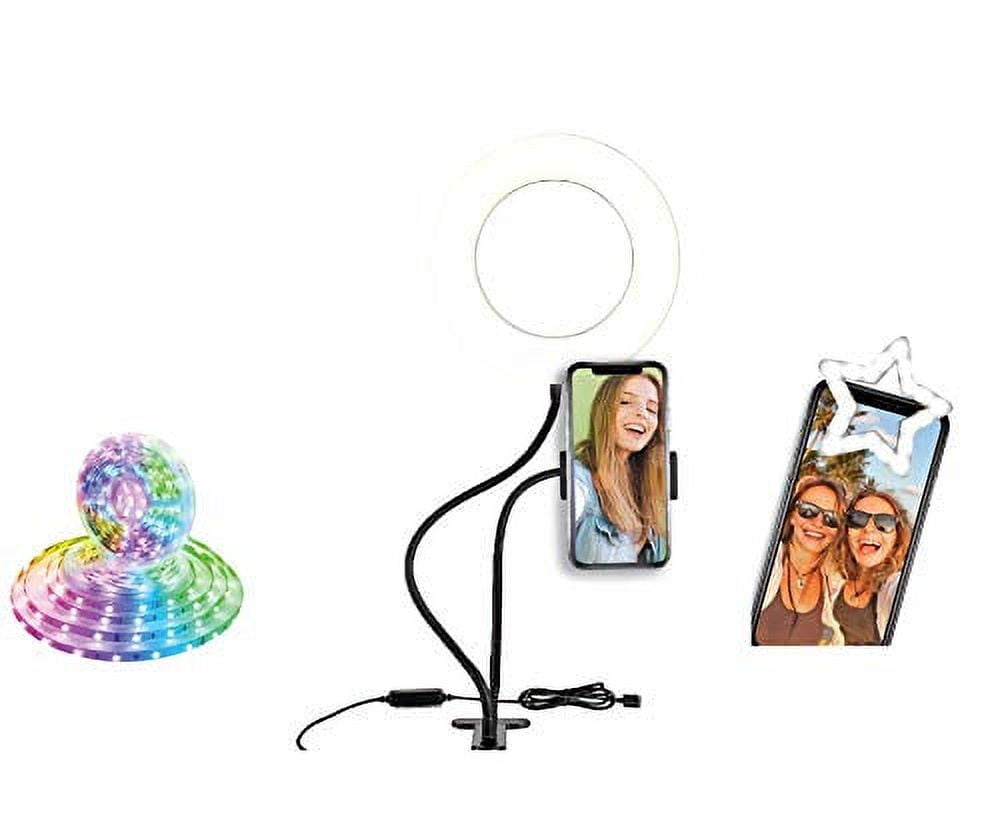 Social Media Video Recording Kit - Heavy Duty Phone Holder and Ring Light Stand, 6ft LED Multi Color RGB Light Strip, Clip on Phone Selfie Light