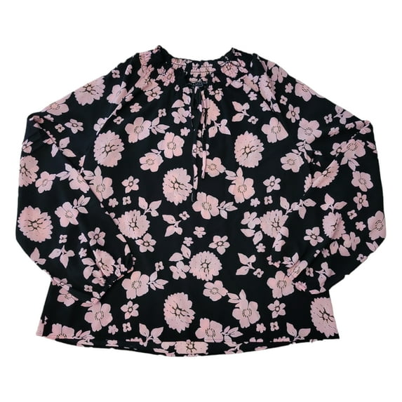 Social Standard by Sanctuary Tallie Long Sleeve Breathable Peasant Top (Black/Pink Poppy, L)