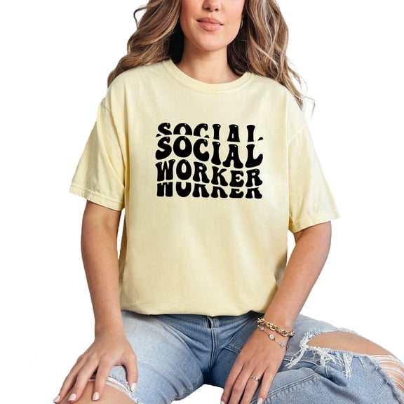 Social Worker, Job or Profession Themed, Groovy Retro Wavy Text, Butter Comfort Colors T-Shirt, Medium