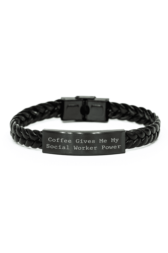 Social Worker Power Gifts from Friends for Mother's Day Interlaced Leather Bracelet with Engraved Stainless Steel, Coffee Quote