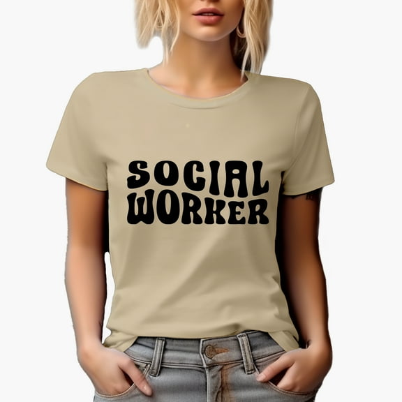 Social Worker, Profession or Job Themed, Groovy Retro Wavy Text Merch Gift, Tan T-Shirt, Small