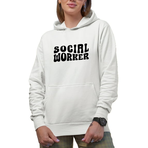 Social Worker, Profession or Job Themed, Groovy Retro Wavy Text Merch Gift, White Hooded Sweatshirt or Hoodie, Medium
