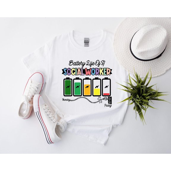 Social Worker Shirt Funny Battery Life Graphic Tee Soft Cotton Blend Unisex Fit School Cou