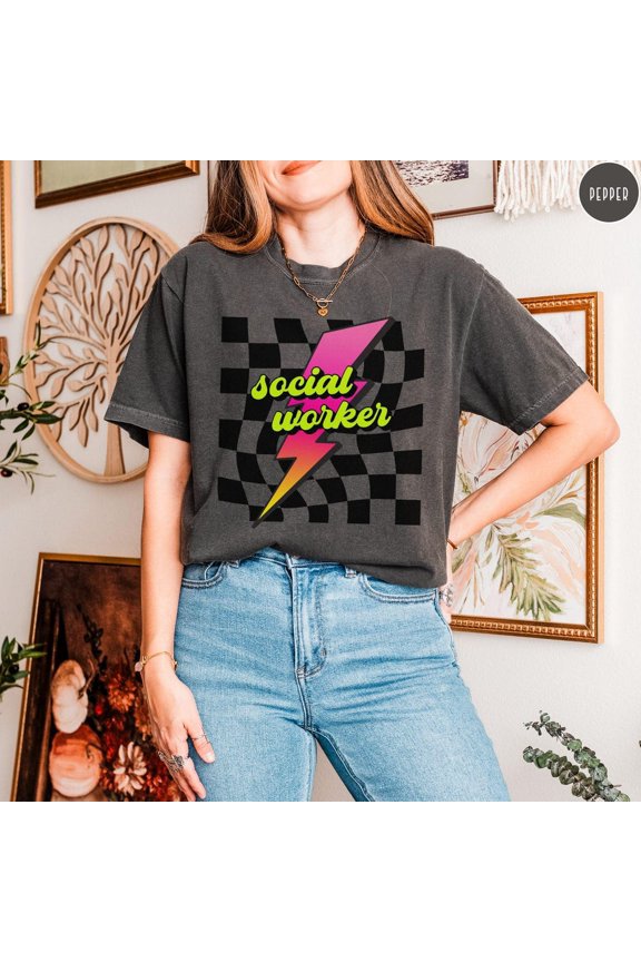 Social Worker Shirt, Neon Checkered Retro Tee, Msw Grad , Social Work Student Shirt, Lcsw Lmsw Graphic Tee Unisex Full Size S-5XL