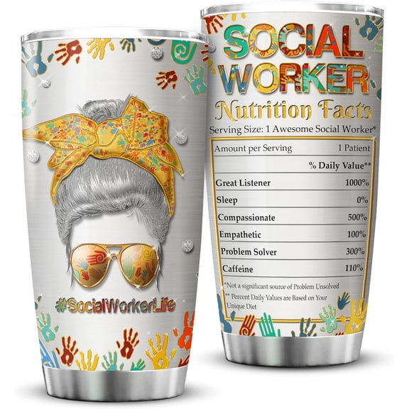 Social Worker Travel Mug Tumbler 20oz Graduation Appreciation Gifts For BSW DSW Colorful Messy Bun Hair Jewelry Style MSW LCSW Gift For Women Caregiver Insulated Cup With Lid