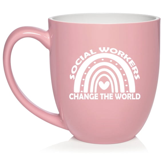 Social Workers Change The World Rainbow Ceramic Coffee Mug Tea Cup Gift for Her, Him, Friend, Coworker, Wife, Husband (16oz Light Pink)