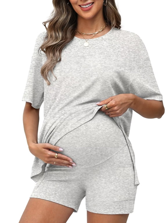 2 Piece Short Sets for Women 2026 Summer Vacation Outfits Casual Maternity Lounge Set with Pockets