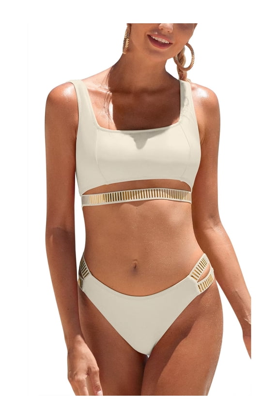 Bikini Set for Women Two Piece Swimsuits Mid Waisted Adjustable Wide Straps Belt Backless
