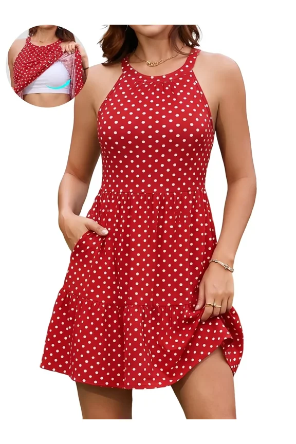 Built in Bra Summer Dress for Womens Casual Beach Sundress Flowy Halter Dress with Pockets
