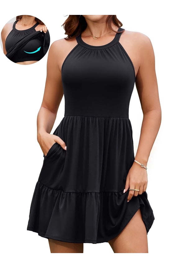 Built in Bra Summer Dress for Womens Casual Beach Sundress Flowy Halter Dress with Pockets