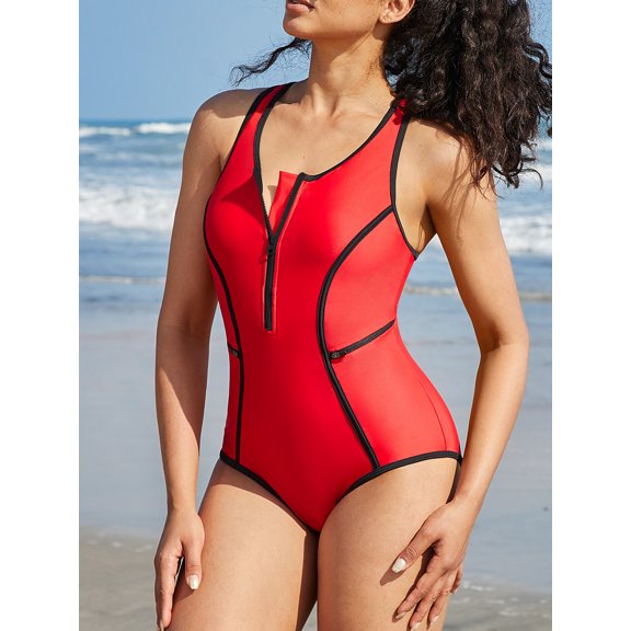 Sociala Color Blocked Zipper One Piece Swimsuit with Pockets Racerback Sport Swimwear