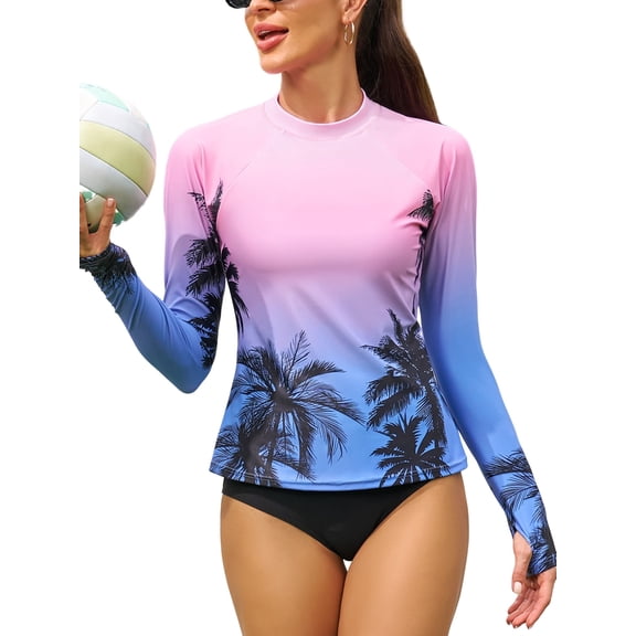 Sociala Crew Neck Swim Shirts for Womens Grandient Rashguard UPF 50+