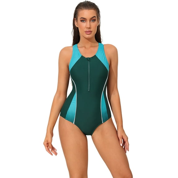 Sociala Grandient One Piece Sport Swimsuit for Womens Training Zipper Bathing Suits