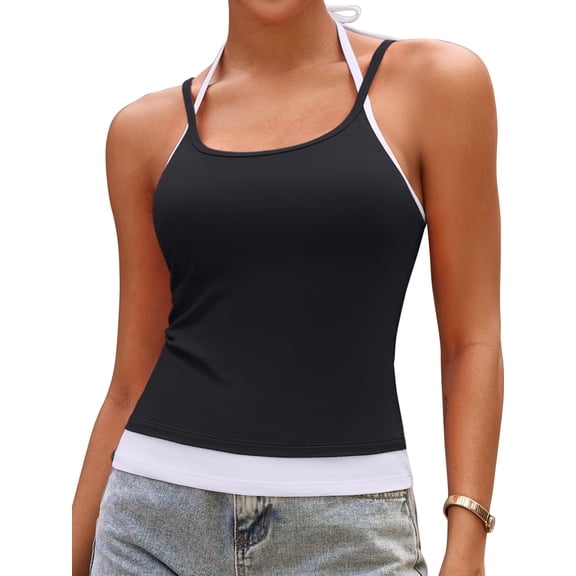Sociala Halter Crop Tank Tops for Womens Color Blocked Summer Cami Tops Adjustable Straps Camisoles