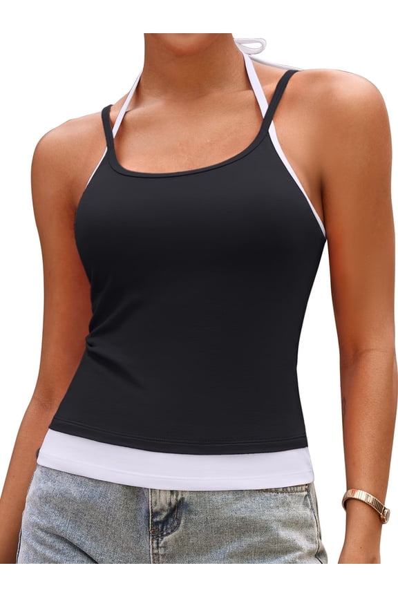 Halter Crop Tank Tops for Womens Color Blocked Summer Cami Tops Adjustable Straps Camisoles