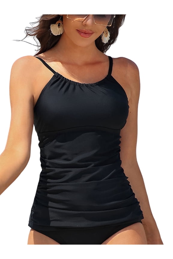 Halter Tankini Tops for Womens Ruched Swim Tops Built-in Bra Bath Suit Tops Only UPF50+