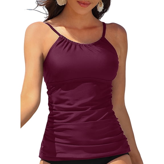 Sociala Halter Tankini Tops for Womens Ruched Swim Tops Built-in Bra Bath Suit Tops Only UPF50 