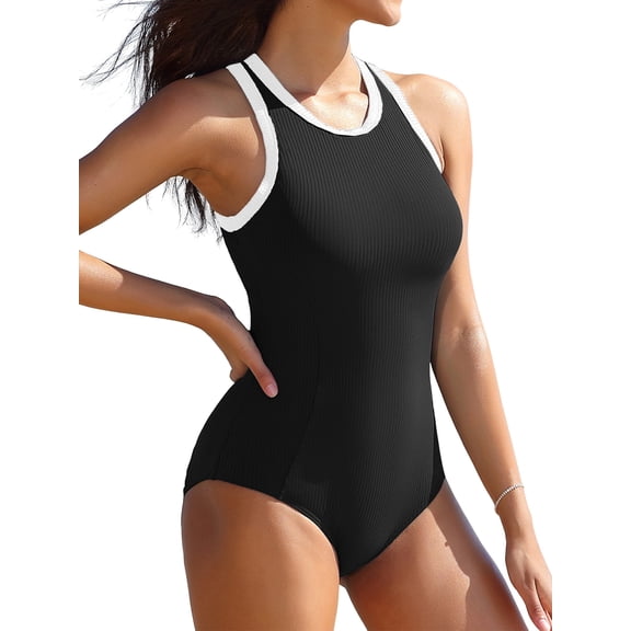 Sociala Hig Neck Monkini Swimwear for Womens Zipper One Piece Bath Suit