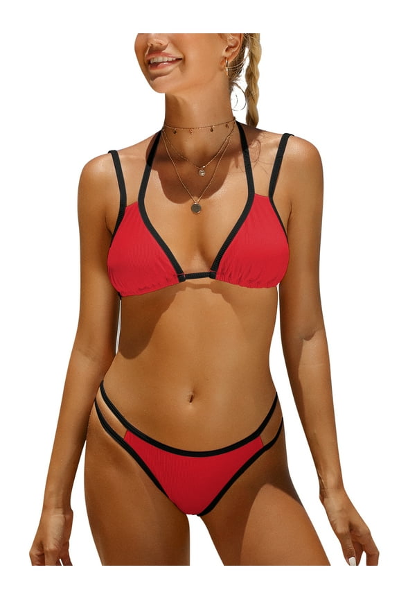 High Cut Bikini Sets for Womens Triangle Bikini Tops Halter Two Piece Bath Suit