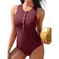 thumbnail image 1 of Sociala High Cut One Piece Monikini Swimsuit for Womens Ribbed Bath Suit Button Down Swimwear, 1 of 6