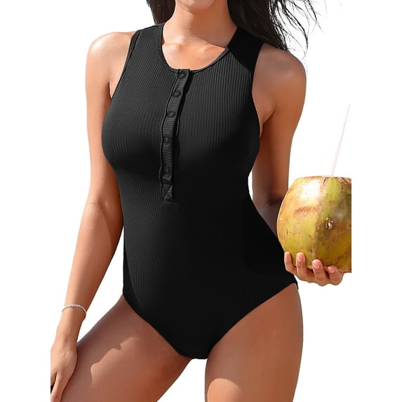 Sociala High Cut One Piece Monikini Swimsuit for Womens Ribbed Bath Suit Button Down Swimwear