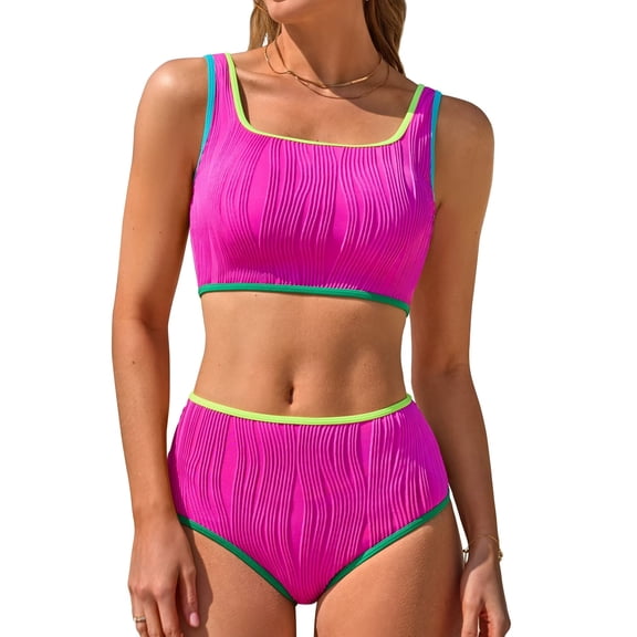Sociala High Waisted Bikini Sets for Womens Sporty Two Piece Swimsuits Color Block Bathing Suits Swimwear