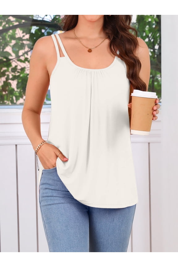 Lady Double Straps Pleated Cami Shirt Scoopneck Shirt Tops Built-in Bra