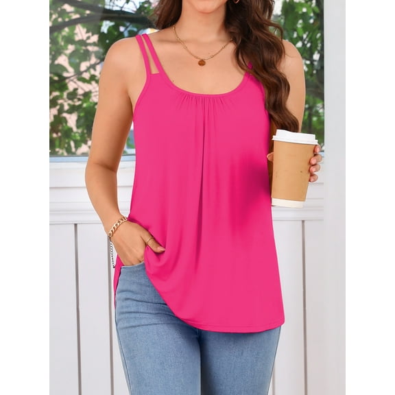 Sociala Lady Double Straps Pleated Cami Shirt Scoopneck Shirt Tops Built-in Bra