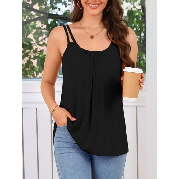 Sociala Lady Double Straps Pleated Cami Shirt Scoopneck Shirt Tops Built-in Bra