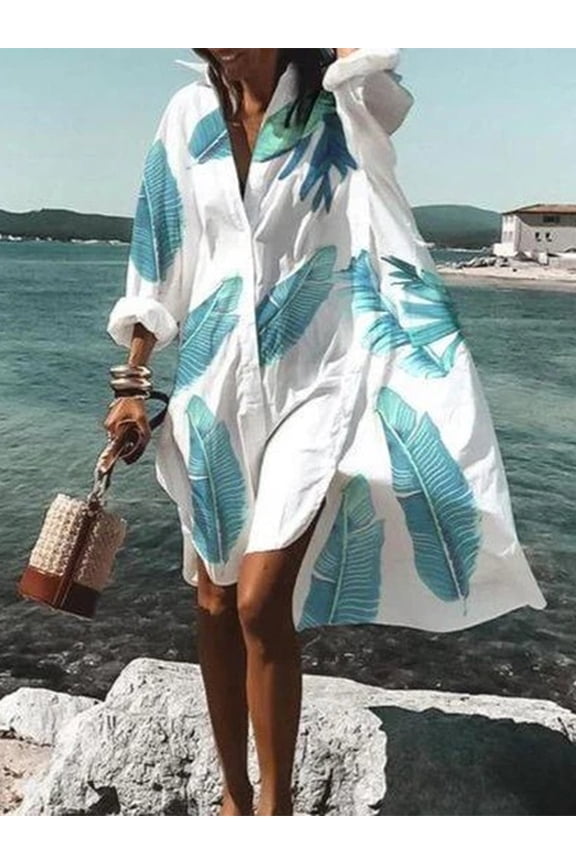 Lady Leaf Print Maxi Dresses Long Sleeve Button Down Shirt