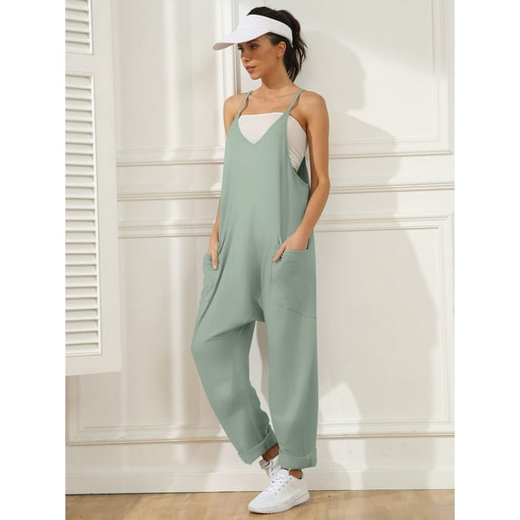 Sociala Lady V Neck One Piece Jumpsuits Loose Fit Spaghetti Strap Long Pants with Pockets