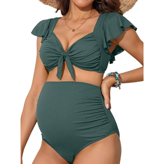 Sociala Maternity Ribbed Bikini Sets Ruffle Sleeve High Waisted Bathing Suit Two Piece Swimsuit