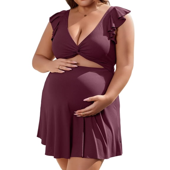 Sociala Maternity Ribbed One Piece Swimsuit Ruffle Twist Front Bathing Suit Retro Ruffle Swimwear