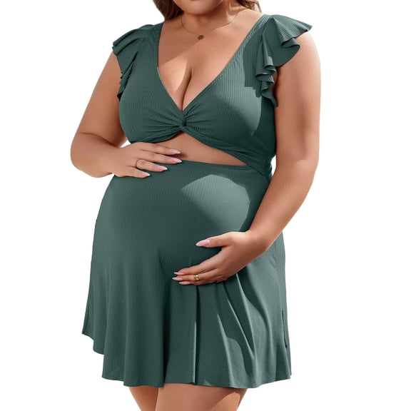 Sociala Maternity Ribbed One Piece Swimsuit Ruffle Twist Front Bathing Suit Retro Ruffle Swimwear