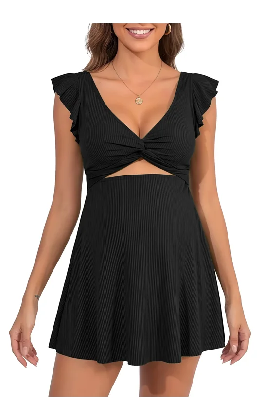 Maternity Ribbed One Piece Swimsuit Ruffle Twist Front Bathing Suit Retro Ruffle Swimwear