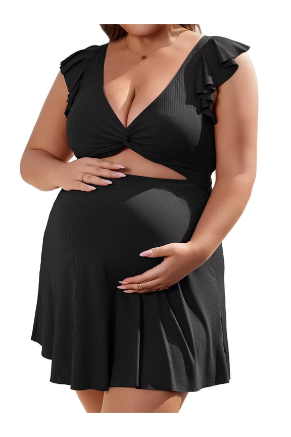 Maternity Ribbed One Piece Swimsuit Ruffle Twist Front Bathing Suit Retro Ruffle Swimwear