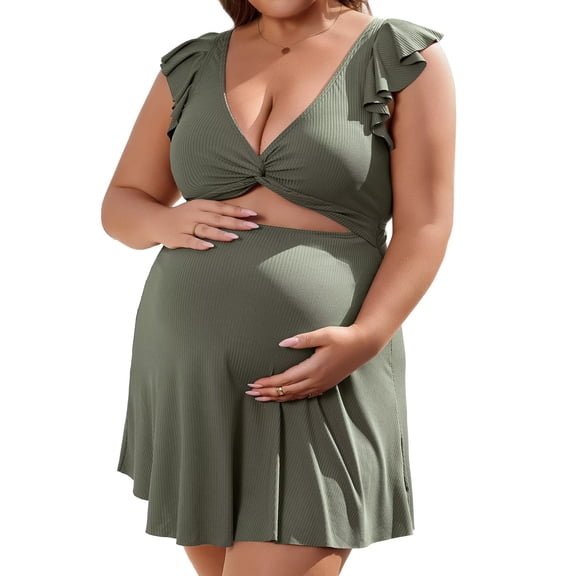 Sociala Maternity Ribbed One Piece Swimsuit Ruffle Twist Front Bathing Suit Retro Ruffle Swimwear