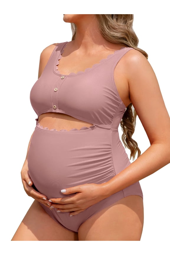 Maternity Square Neck One Piece Swimwear for Womens Modest Cut Out Bathing Suits Pregnancy Swimsuit