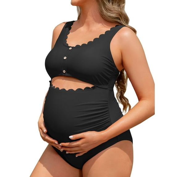 Sociala Maternity Square Neck One Piece Swimwear for Womens Modest Cut Out Bathing Suits Pregnancy Swimsuit