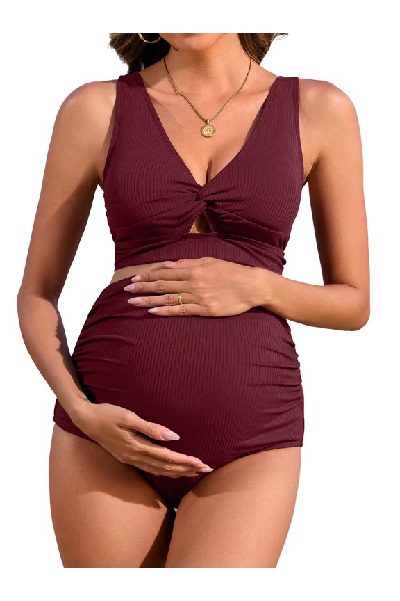 Maternity Swimsuit Twist Cutout Front Two Piece Bathing Suit Swimwear High Waist Pregnancy Bikini Sets