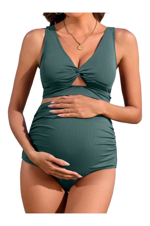 Maternity Swimsuit Twist Cutout Front Two Piece Bathing Suit Swimwear High Waist Pregnancy Bikini Sets