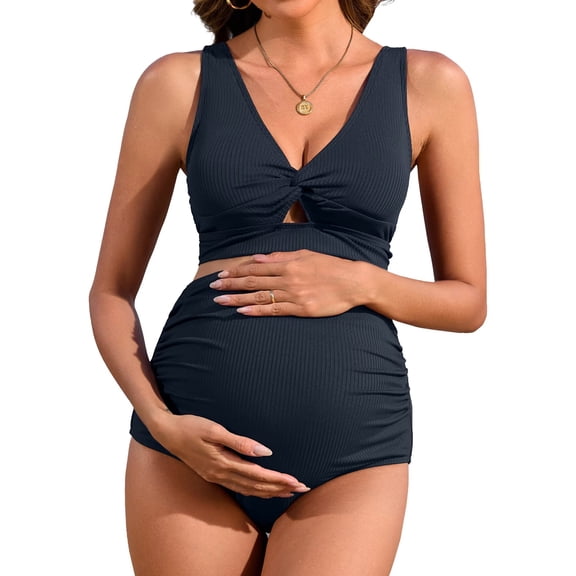 Sociala Maternity Swimsuit Twist Cutout Front Two Piece Bathing Suit Swimwear High Waist Pregnancy Bikini Sets