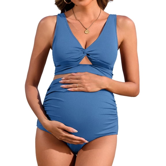 Sociala Maternity Swimsuit Twist Cutout Front Two Piece Bathing Suit Swimwear High Waist Pregnancy Bikini Sets