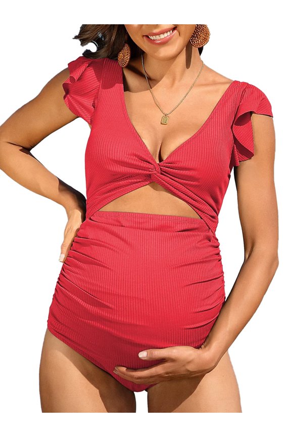 Maternity Swimsuit V-Neck Pregnancy Swimwear Ruffle Sleeve Bathing Suit