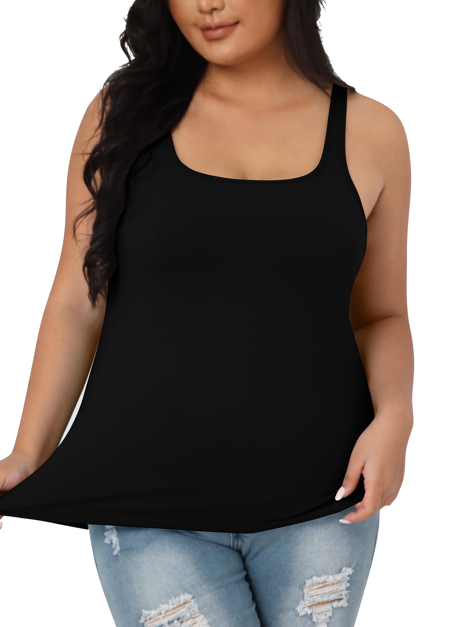 Sociala Plus Size Square Neck Slim Camisole For Women Adjustable Straps  Stretch Tank Tops 