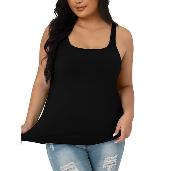 Sociala Plus Size Square Neck Slim Camisole For Women Adjustable Straps Stretch Tank Tops