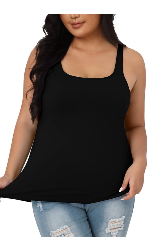 Plus Size Square Neck Slim Camisole For Women Adjustable Straps Stretch Tank Tops